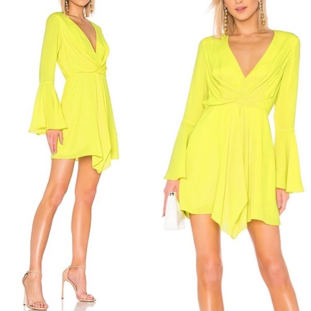 JAYGODFREY Dottie Long Flared Sleeve Twisted Front Mini Dress in Citrine